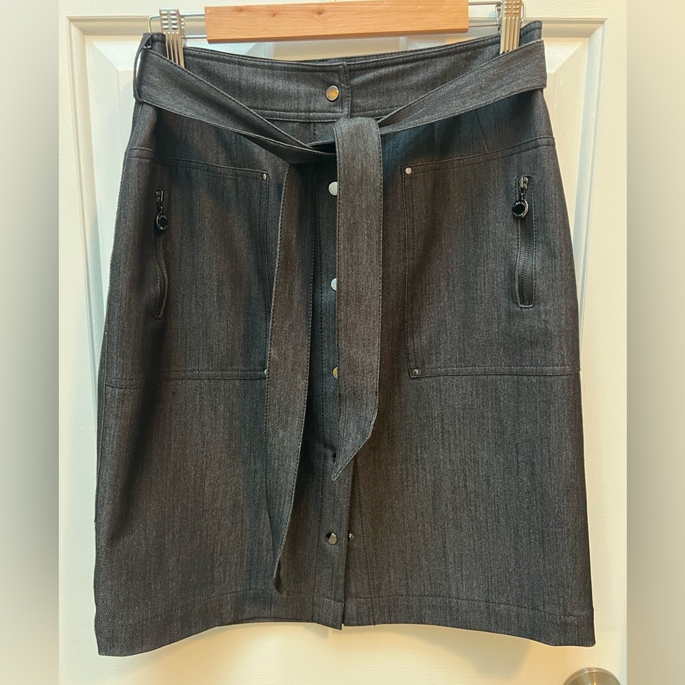 Almost Black Button-Front Denim stretch Skirt with Waist Tie